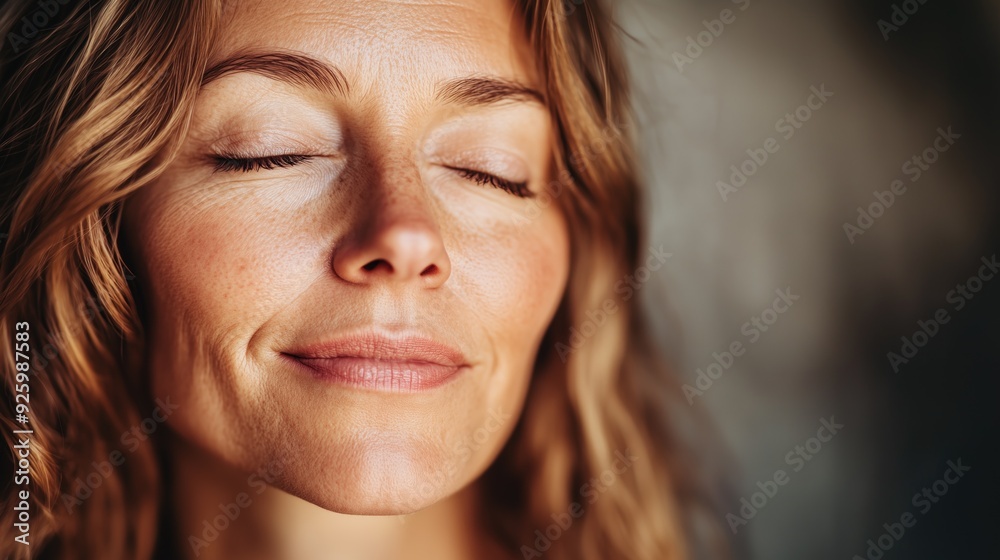 Middle aged mature woman with eyes closed enhoying her agge and glowing healthy skin aging gracefully Middle aged mature woman with eyes closed enhoying her agge and glowing healthy skin aging gracefully