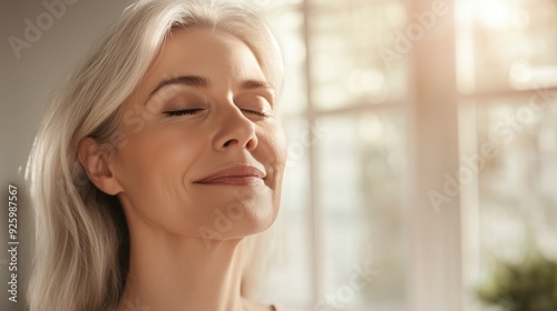 Middle aged mature woman with eyes closed enhoying her agge and glowing healthy skin aging gracefully photo