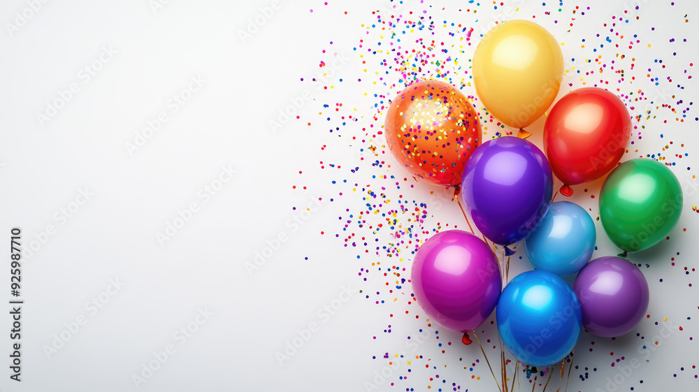festive rainbow color balloons and confetti on a white background celebration theme, detailed high definition image festive rainbow color balloons and confetti on a white background celebration theme, detailed high definition image