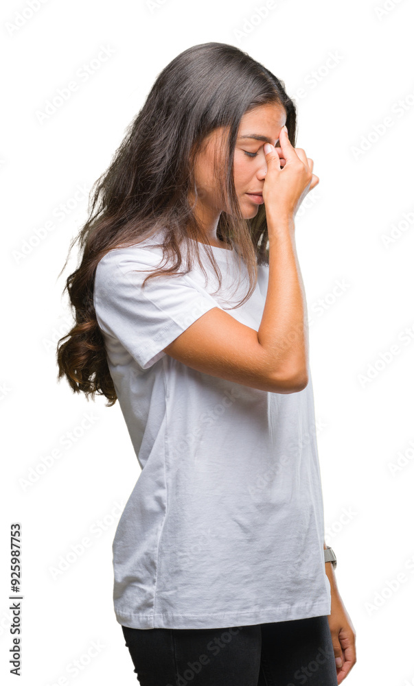 Young beautiful arab woman over isolated background tired rubbing nose and eyes feeling fatigue and headache. Stress and frustration concept. Young beautiful arab woman over isolated background tired rubbing nose and eyes feeling fatigue and headache. Stress and frustration concept.