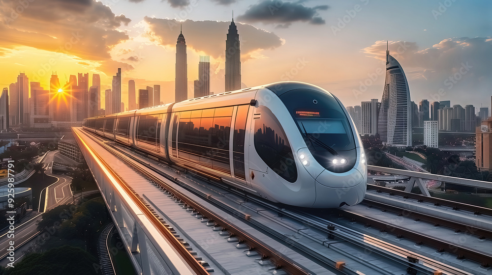Naklejka premium High speed modern train in futuristic city, sci fi background.