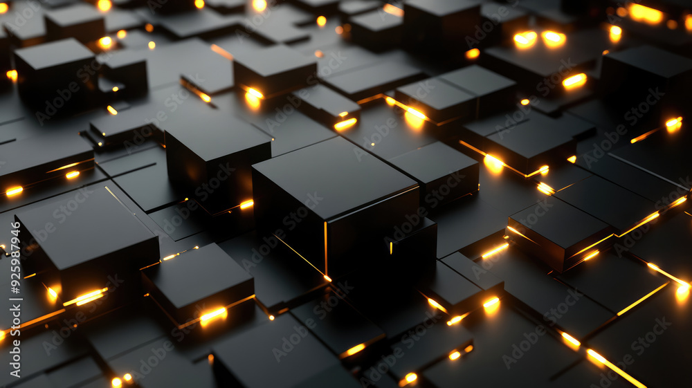 abstract black and gold background with glowing cubes. 3d render illustration, extremely detailed image abstract black and gold background with glowing cubes. 3d render illustration, extremely detailed image