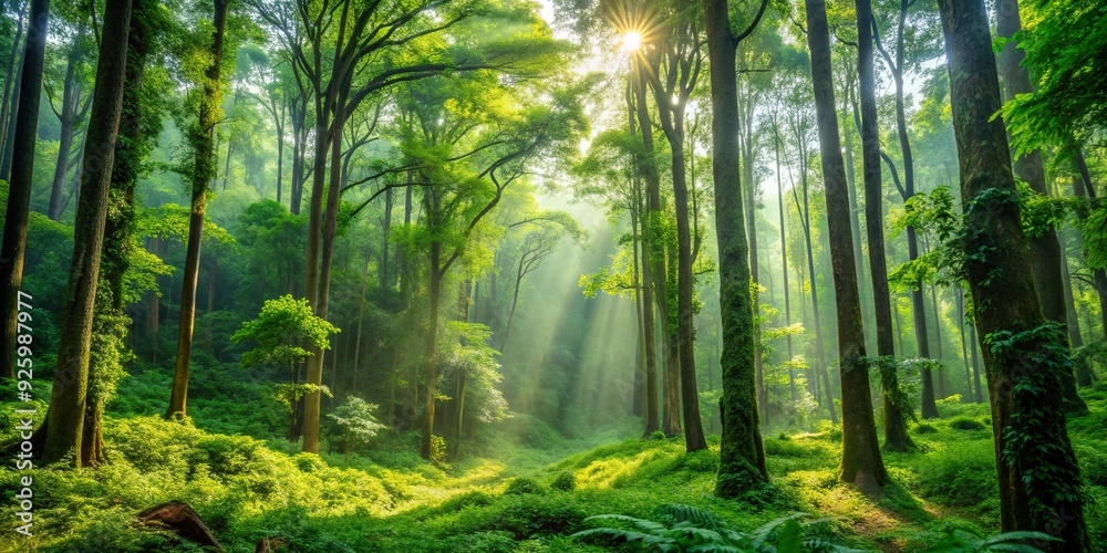 Naklejka premium A lush forest with tall trees and abundant greenery providing fresh oxygen and improving air quality, green lungs, nature