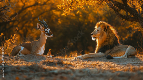 A male blackbuck antelope gazes curiously at a lion resting lazily under the warm sunlight. --ar 16:9 --v 6.1 Job ID: 4744fb69-45bc-4478-b656-36cbde6e1ac1 photo