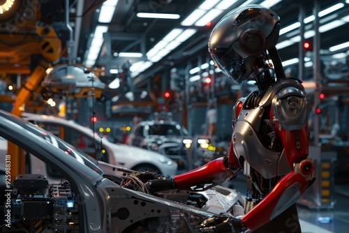 Engineer Operating Robotic Exoskeleton in Futuristic Automobile Factory Assembly Line