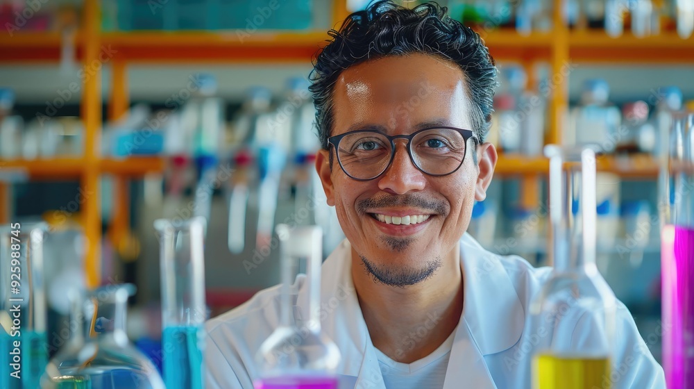 Portrait of a scientist explaining HIVAIDS research, detailed background of a lab with engaging and passionate expression