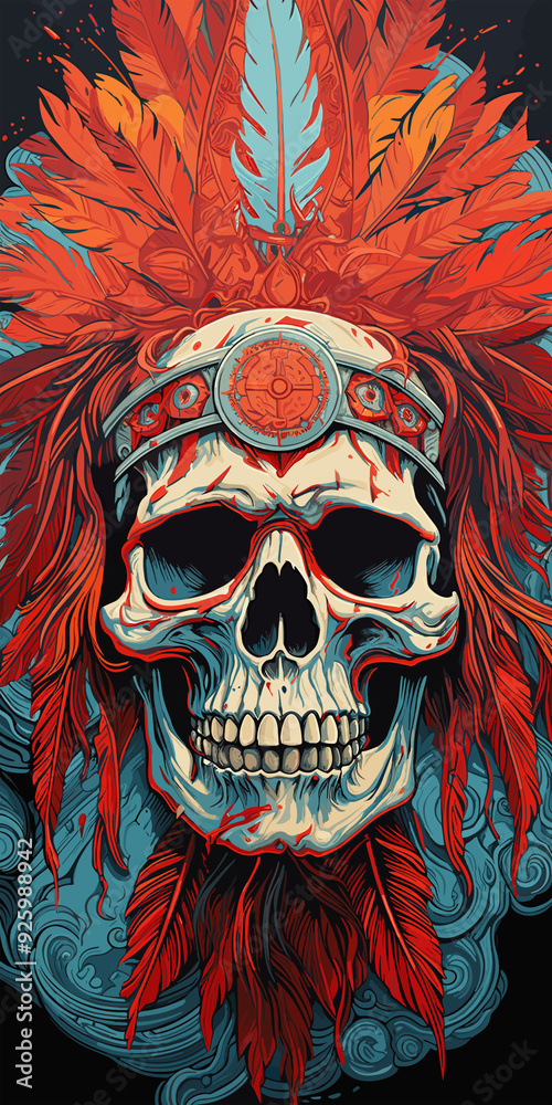 Naklejka premium Skull with red feathers, tribal headdress.