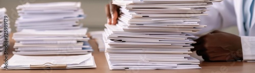 Stacks of published HIVAIDS journals, neatly organized on a wooden desk with a researcher s hand reaching for a volume