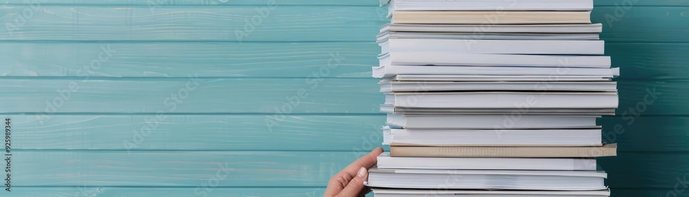 Stacks of published HIVAIDS journals, neatly organized on a wooden desk with a researcher s hand reaching for a volume Stacks of published HIVAIDS journals, neatly organized on a wooden desk with a researcher s hand reaching for a volume
