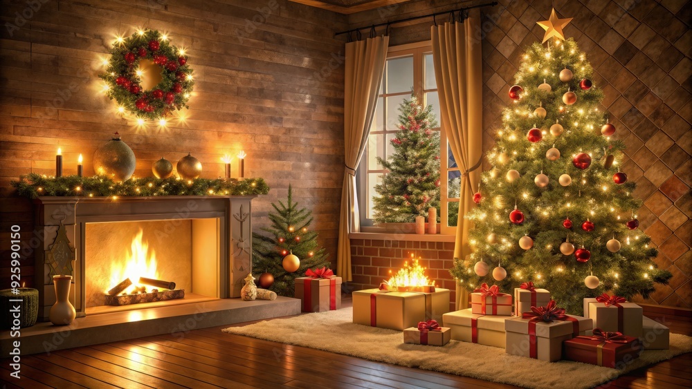 Cozy Christmas interior with magical glowing tree, fireplace, and gifts, Christmas, magic, glowing, tree, fireplace, gifts Cozy Christmas interior with magical glowing tree, fireplace, and gifts, Christmas, magic, glowing, tree, fireplace, gifts
