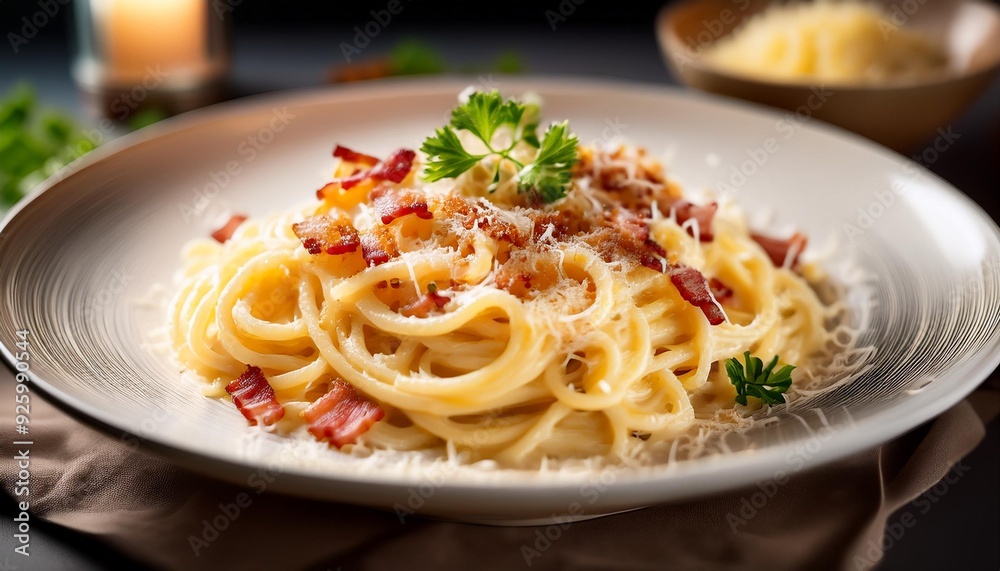 A plate of creamy spaghetti carbonara topped with grated Parmesan, crispy pancetta, and fresh parsley, served on a white ceramic dish A plate of creamy spaghetti carbonara topped with grated Parmesan, crispy pancetta, and fresh parsley, served on a white ceramic dish