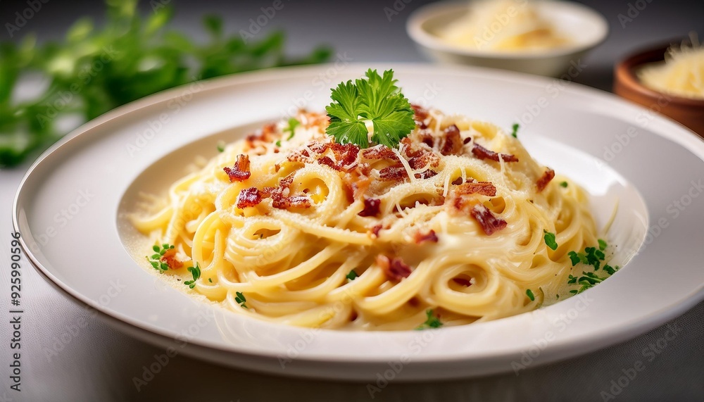 A plate of creamy spaghetti carbonara topped with grated Parmesan, crispy pancetta, and fresh parsley, served on a white ceramic dish A plate of creamy spaghetti carbonara topped with grated Parmesan, crispy pancetta, and fresh parsley, served on a white ceramic dish