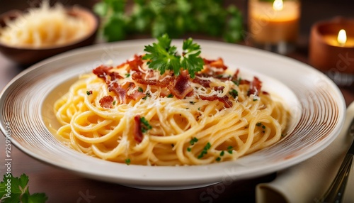 A plate of creamy spaghetti carbonara topped with grated Parmesan, crispy pancetta, and fresh parsley, served on a white ceramic dish