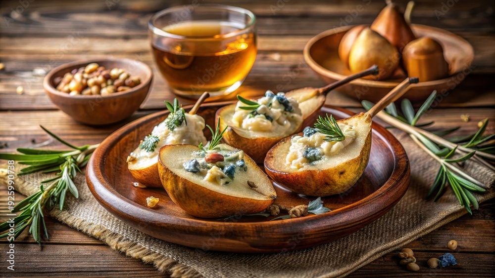 Mitades de peras rellenas de queso azul y nueces, servidas en un plato rústico junto a una bebida dorada. Mitades de peras rellenas de queso azul y nueces, servidas en un plato rústico junto a una bebida dorada.