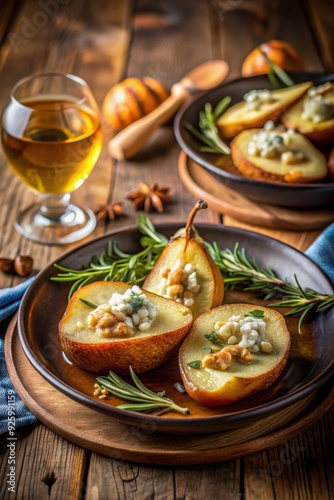 Peras al horno rellenas de queso azul y nueces, acompañadas de una bebida dorada, servidas en un ambiente otoñal.