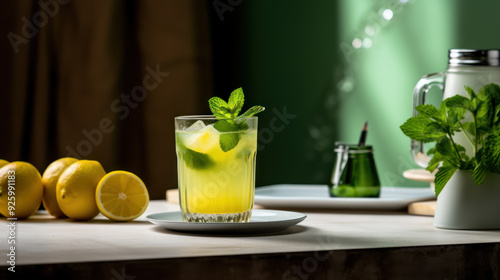 fresh ice lemon soda on wooden table on morning cafe