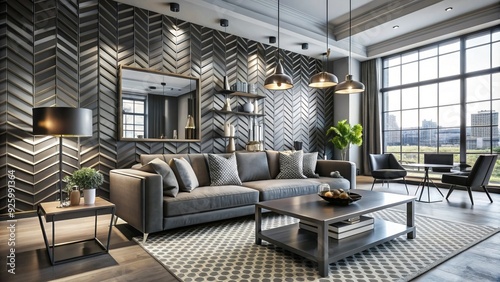 contemporary chic monochromatic color scheme bold abstract shapes geometric patterned wallpaper sleek metal finish urban loft industrial modernity edgy style photo