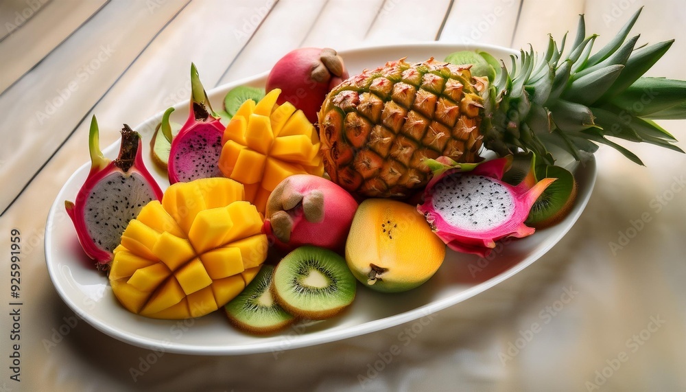 An arrangement of tropical fruits like mango, pineapple, kiwi, and dragon fruit on a white platter, with vibrant colors and a summer vibe An arrangement of tropical fruits like mango, pineapple, kiwi, and dragon fruit on a white platter, with vibrant colors and a summer vibe