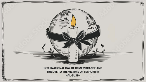 Monochrome illustration of a globe with a burning candle and olive branches, symbolizing global remembrance on the International Day of Remembrance and Tribute to the Victims of Terrorism.
