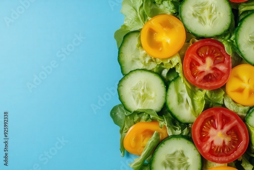 A colorful assortment of crisp lettuce, sliced cucumbers, vibrant yellow and red tomatoes are artfully displayed against a soothing blue canvas.