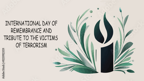 Contemporary illustration with a candle and olive branches, emphasizing the message of peace on the International Day of Remembrance and Tribute to the Victims of Terrorism.