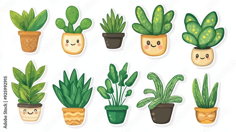 Cute potted plants cartoon stickers set. Cute potted plants cartoon stickers set.