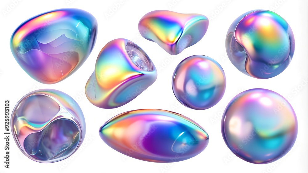 Iridescent fluid bubble set isolated on white background. 