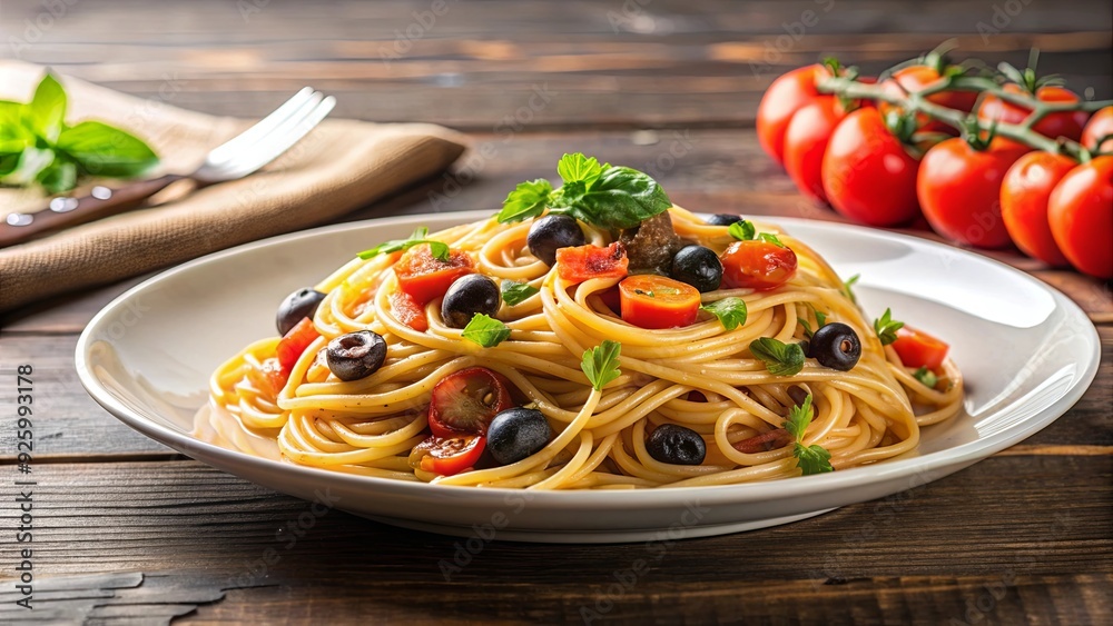 Delicious Spaghetti alla Puttanesca being served in a restaurant , Italian, pasta, Mediterranean, cuisine, savory, dish Delicious Spaghetti alla Puttanesca being served in a restaurant , Italian, pasta, Mediterranean, cuisine, savory, dish