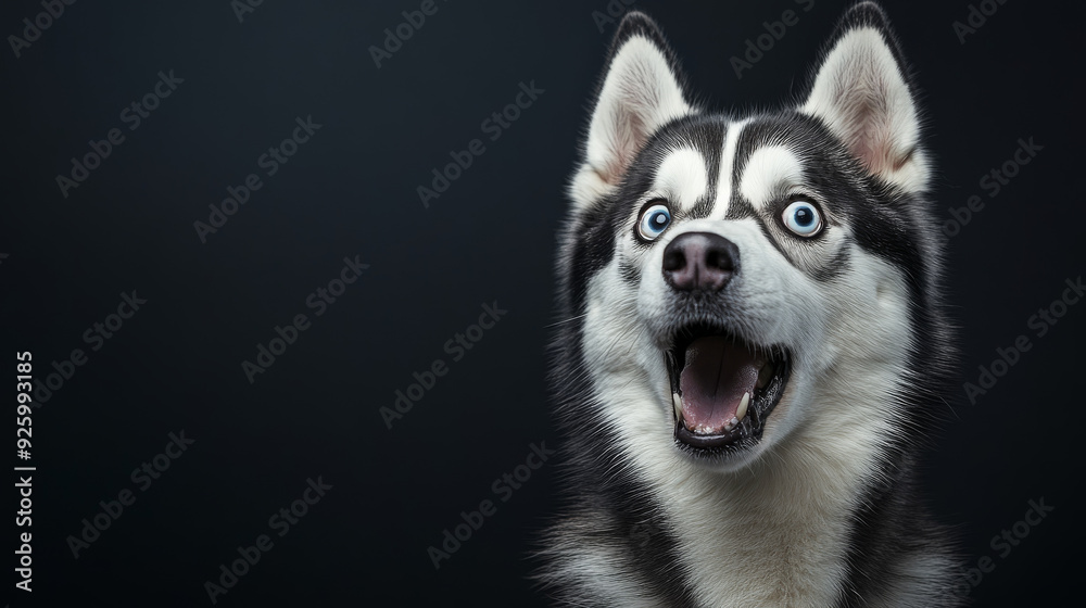 Obraz premium A Siberian Husky dog with wide-open eyes and mouth, looking surprised, on a black background. --ar 16:9 --v 6.1 Job ID: d54c1c91-2d22-4f7e-a8ce-cc26d23cf1f7