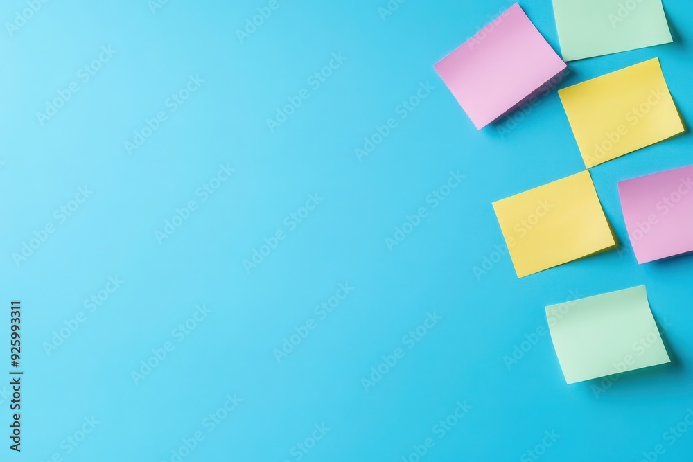 A collection of colorful sticky notes in pink, yellow, and green positioned creatively against a solid blue backdrop. A collection of colorful sticky notes in pink, yellow, and green positioned creatively against a solid blue backdrop.