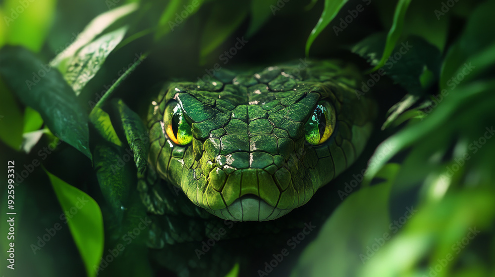 A snake's mesmerizing green eyes stare out from the depths of a lush jungle. Its sharp gaze and fur suggest its carnivorous nature. --ar 16:9 --v 6.1 Job ID: 5df22308-24ea-44a4-a087-0af55d7d8dfb A snake's mesmerizing green eyes stare out from the depths of a lush jungle. Its sharp gaze and fur suggest its carnivorous nature. --ar 16:9 --v 6.1 Job ID: 5df22308-24ea-44a4-a087-0af55d7d8dfb