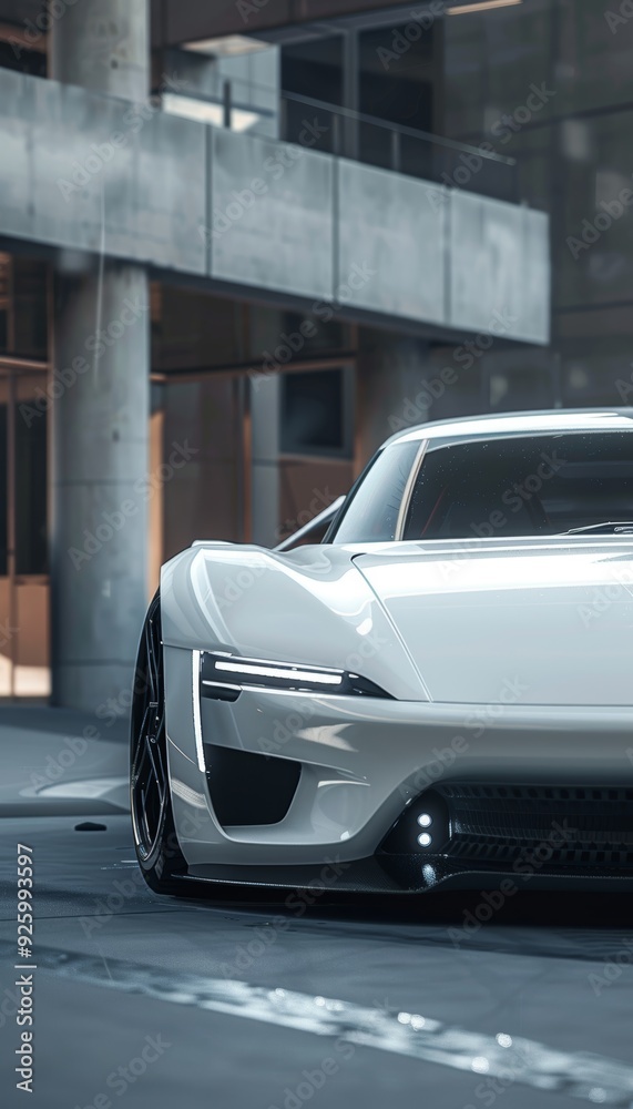 Sleek Electric Sports Car in High-Tech Urban Setting - Streamlined Design and Glossy White Finish Sleek Electric Sports Car in High-Tech Urban Setting - Streamlined Design and Glossy White Finish