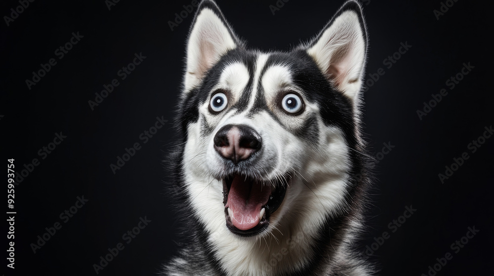A Siberian Husky dog with wide-open eyes and mouth, looking surprised, on a black background. --ar 16:9 --v 6.1 Job ID: d54c1c91-2d22-4f7e-a8ce-cc26d23cf1f7 A Siberian Husky dog with wide-open eyes and mouth, looking surprised, on a black background. --ar 16:9 --v 6.1 Job ID: d54c1c91-2d22-4f7e-a8ce-cc26d23cf1f7