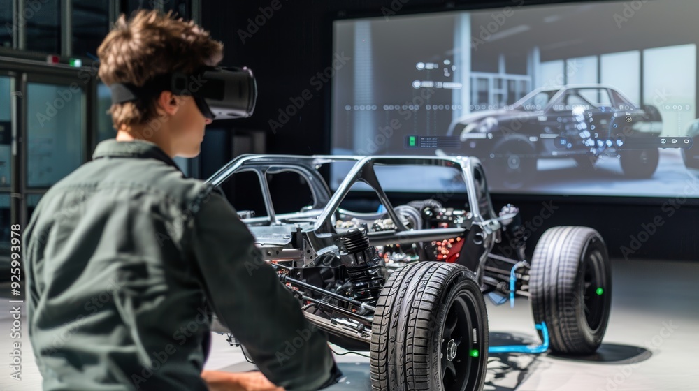 Engineers Analyzing Car Suspension System Using Augmented Reality with Virtual Overlays Engineers Analyzing Car Suspension System Using Augmented Reality with Virtual Overlays