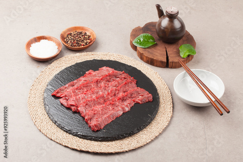   Beef is beef from cows, meat with a soft texture and marbling. photo