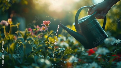 Fototapeta Naklejka Na Ścianę i Meble -  Gardening: Taking time to nurture plants and flowers in the garden, watering them and appreciating the peaceful, natural environment for relaxation and enjoyment.
