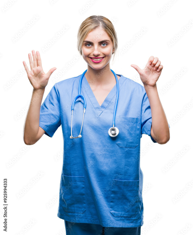 Young beautiful blonde doctor surgeon nurse woman over isolated background showing and pointing up with fingers number six while smiling confident and happy. Young beautiful blonde doctor surgeon nurse woman over isolated background showing and pointing up with fingers number six while smiling confident and happy.