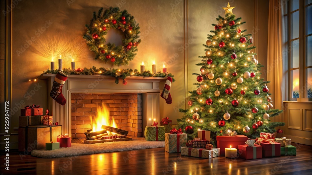 Interior Christmas scene with a magical glowing tree, fireplace, and gifts , Christmas, interior, holiday, festive Interior Christmas scene with a magical glowing tree, fireplace, and gifts , Christmas, interior, holiday, festive