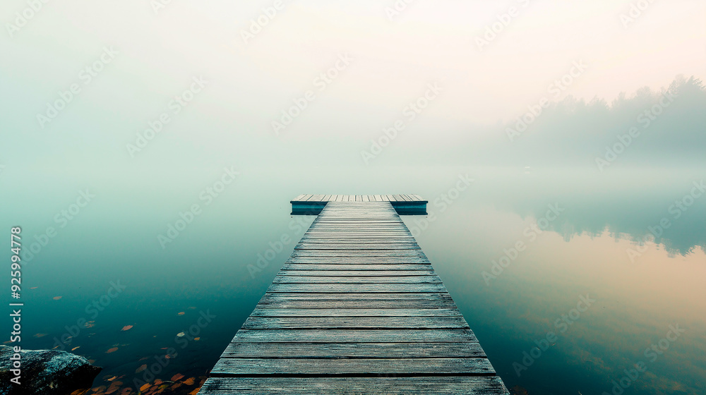 Fototapeta premium A straight flat simplistic rectangular, lake dock. beautiful sunrise, foggy. calm water. Nature relax wallpaper Lake'n Family Vector Silhouette