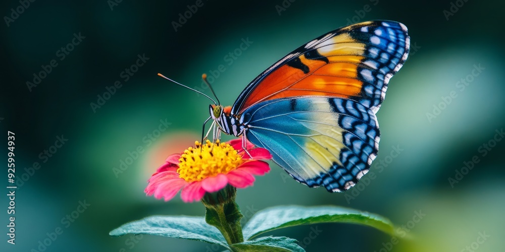 Macro shot of a colorful butterfly perched on a flower, emphasizing the delicate and vibrant aspects of natureG??s creatures Macro shot of a colorful butterfly perched on a flower, emphasizing the delicate and vibrant aspects of natureG??s creatures