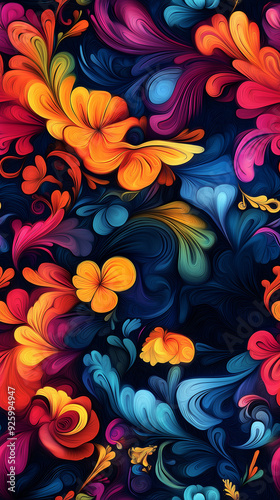 Vibrant floral pattern with swirling shapes and bright colors in a seamless design, featuring orange, yellow, and purple petals blending into a dark background.