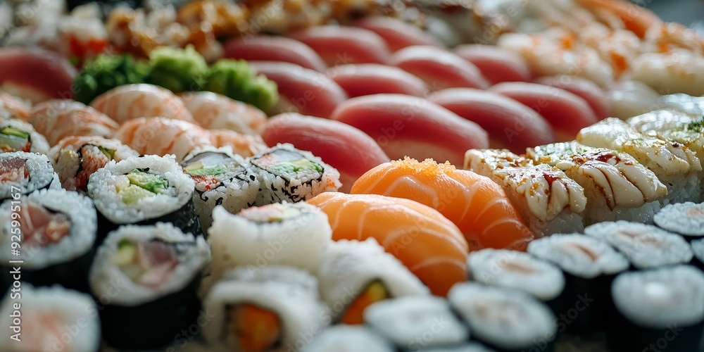 Macro shot of a sushi platter with a variety of rolls and fresh ingredients, emphasizing the craftsmanship and delicacy of Japanese cuisine Macro shot of a sushi platter with a variety of rolls and fresh ingredients, emphasizing the craftsmanship and delicacy of Japanese cuisine