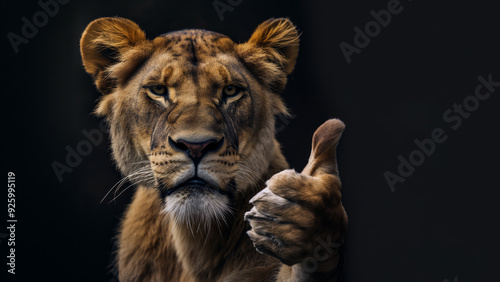 Female lion, smiling and giving a thumbs up