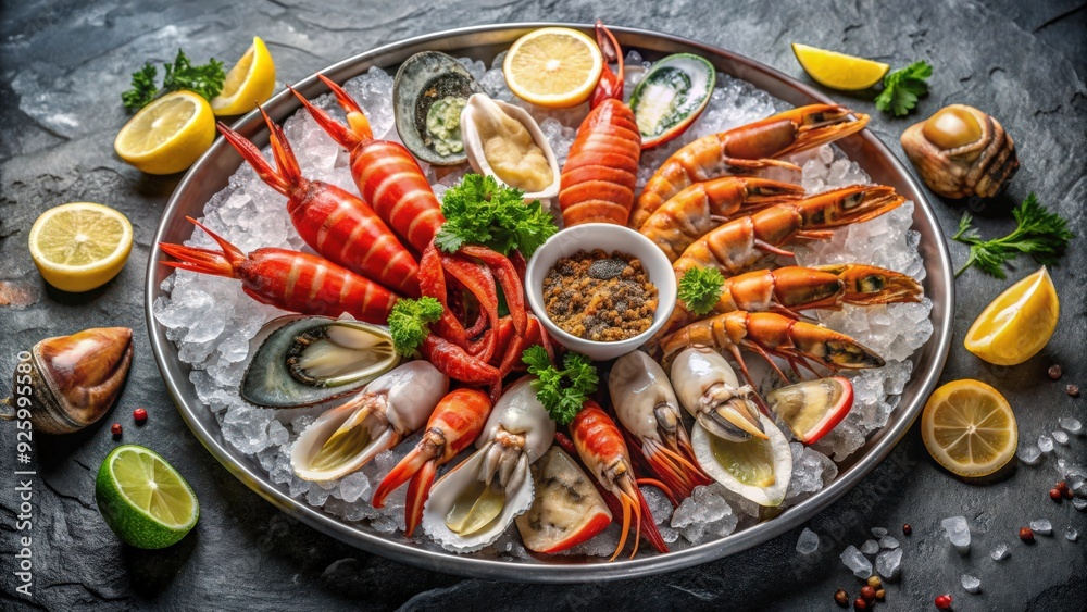 Seafood platter with oysters, lobster tails, and jumbo shrimp on ice with lemon and cocktail sauce , seafood Seafood platter with oysters, lobster tails, and jumbo shrimp on ice with lemon and cocktail sauce , seafood