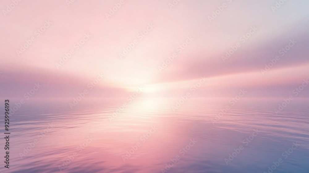 Fototapeta premium Serene Sunset: A breathtaking panorama of a sky ablaze with hues of pink and purple, reflecting in the tranquil waters below. The sun, a radiant orb, dips below the horizon.