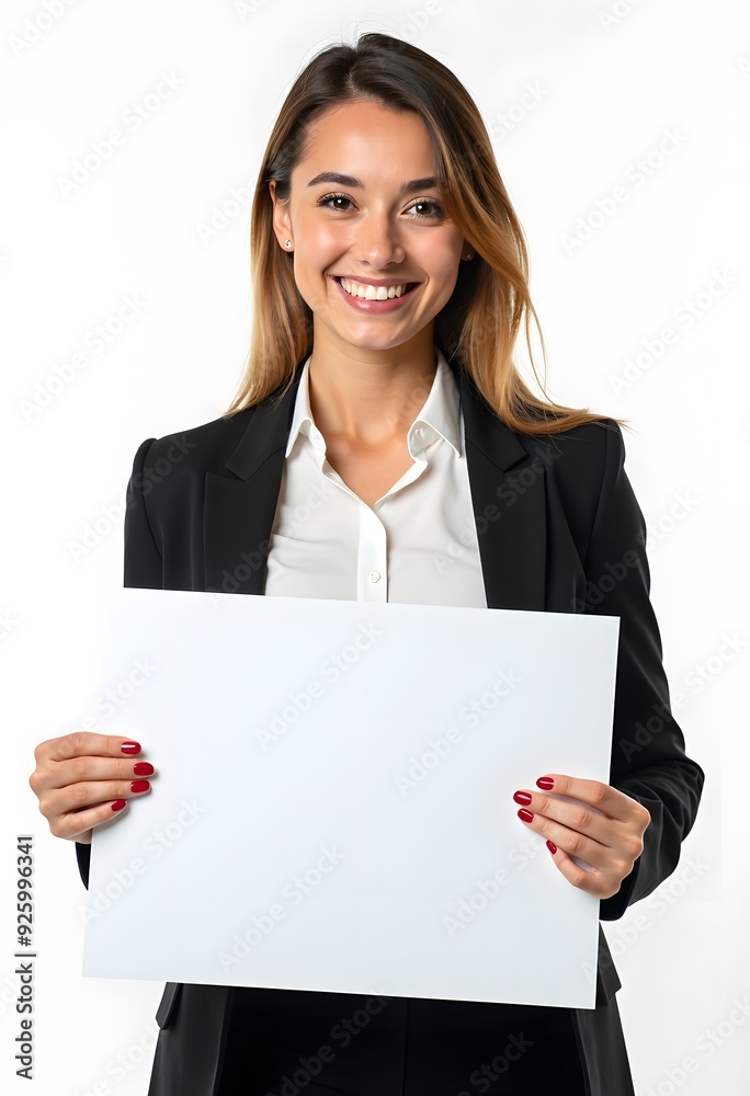 Professional Woman Holding Blank Sign in Business Attire for Customizable Corporate Message or Branding Professional Woman Holding Blank Sign in Business Attire for Customizable Corporate Message or Branding