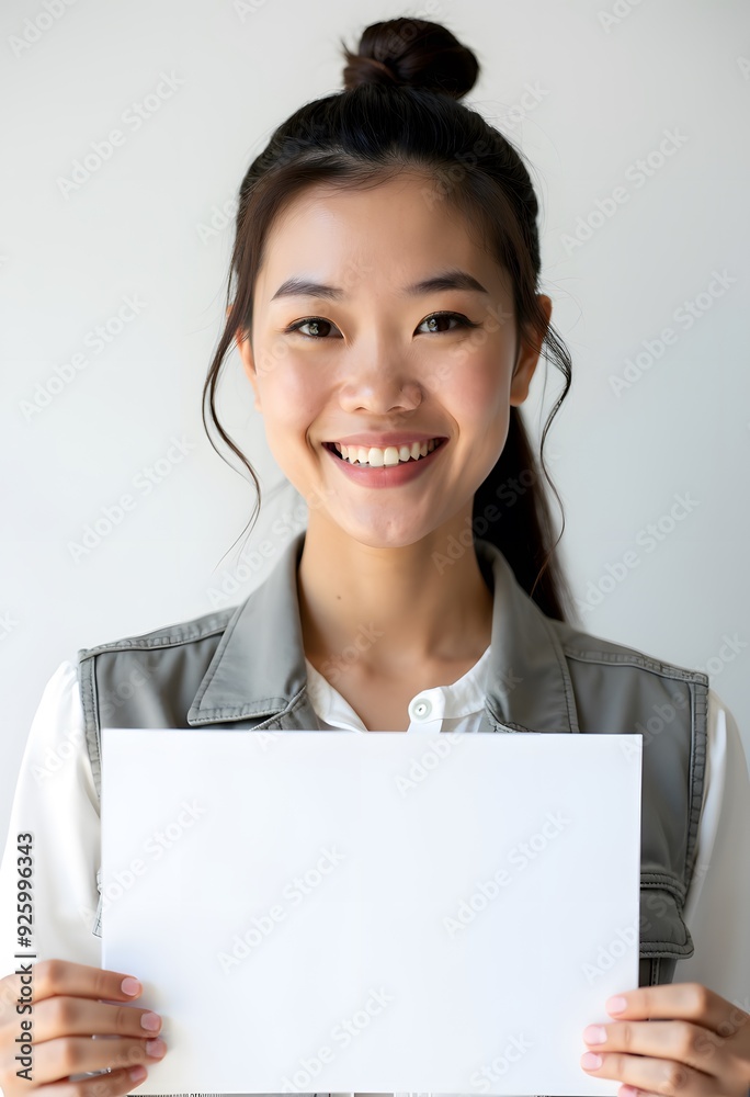 Professional Woman Holding Blank Sign in Business Attire for Customizable Corporate Message or Branding Professional Woman Holding Blank Sign in Business Attire for Customizable Corporate Message or Branding