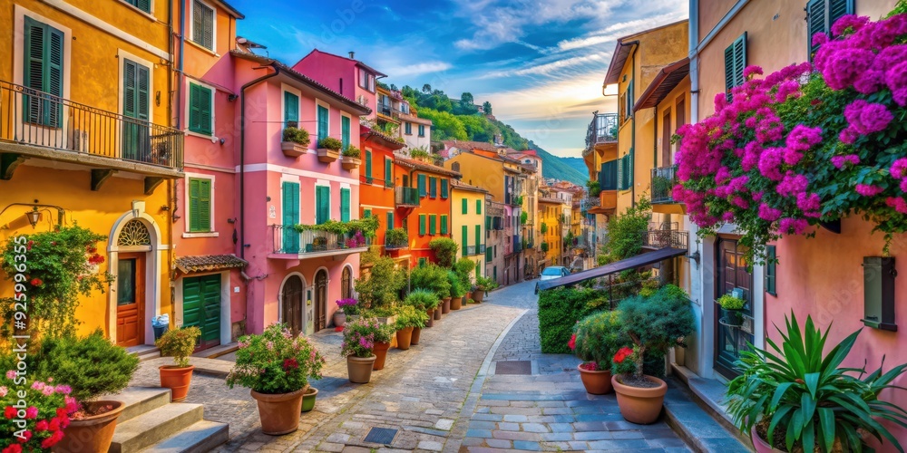 Colorful picturesque street in Cinque Terre Italy with vibrant buildings and flowers, Italy, Cinque Terre, colorful Colorful picturesque street in Cinque Terre Italy with vibrant buildings and flowers, Italy, Cinque Terre, colorful