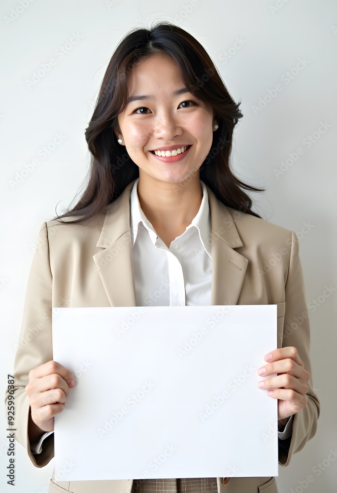 Professional Woman Holding Blank Sign in Business Attire for Customizable Corporate Message or Branding Professional Woman Holding Blank Sign in Business Attire for Customizable Corporate Message or Branding