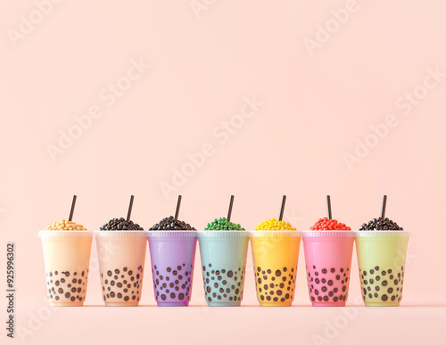 free space of variety of bobba bubble milk tea  plastic cups standing in a line on pink background photo